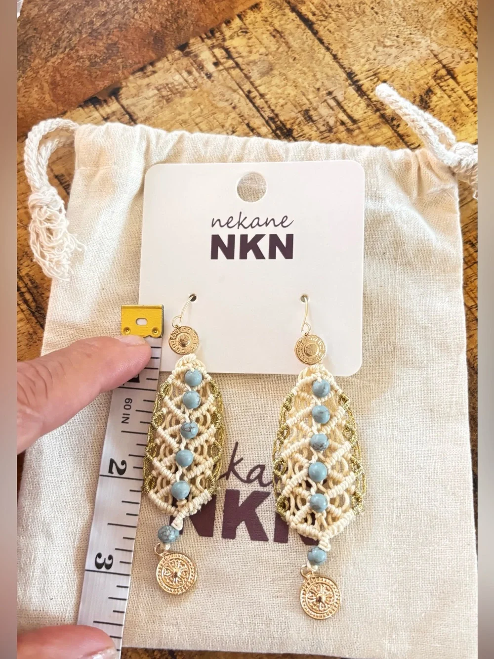 NWT NKN Nekane Kant Boho Macrame Dangle Earrings Turquoise Beads Gold